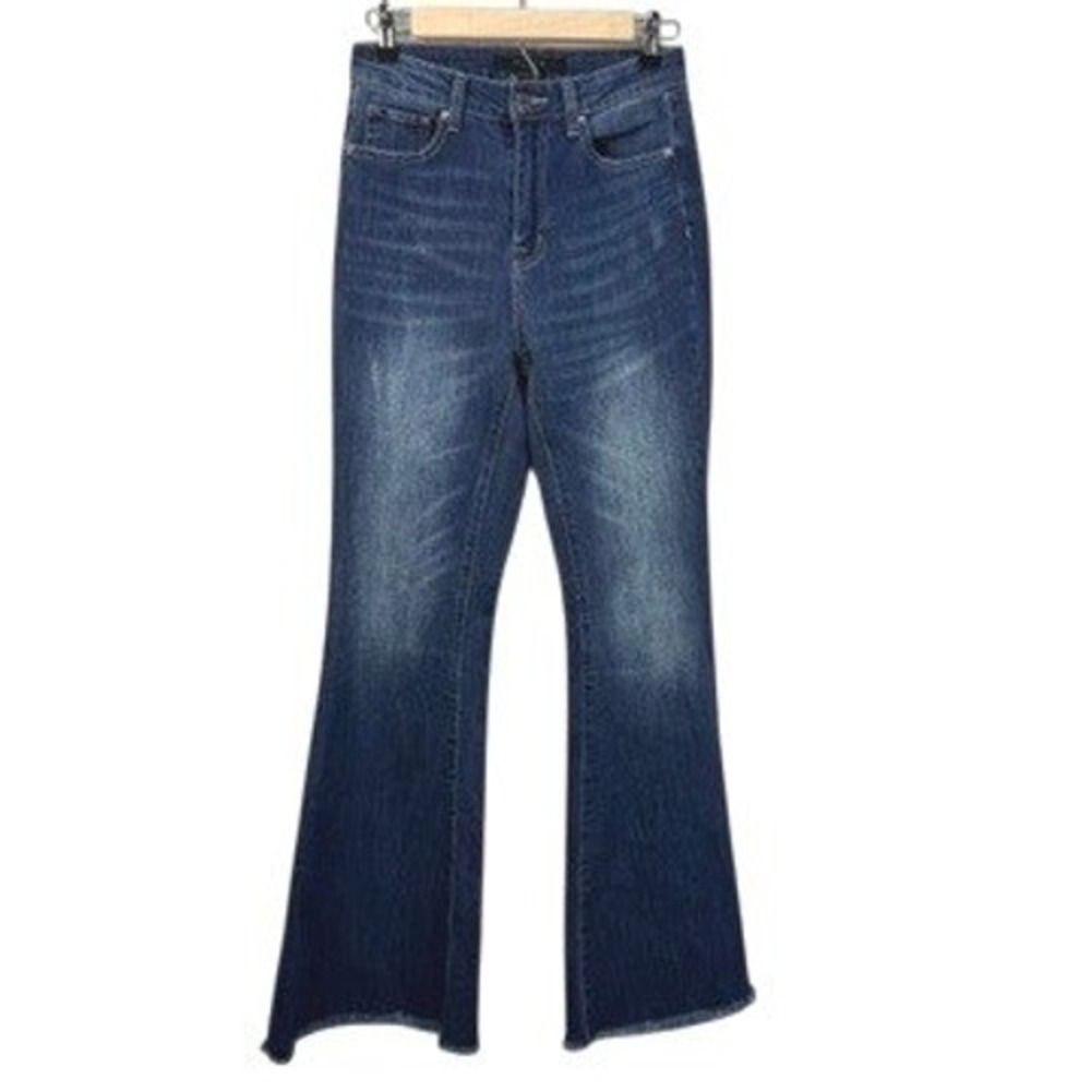 Risen High Rise Flare Leg Jeans Medium Wash Distressed Raw Hem Blue Womens 27